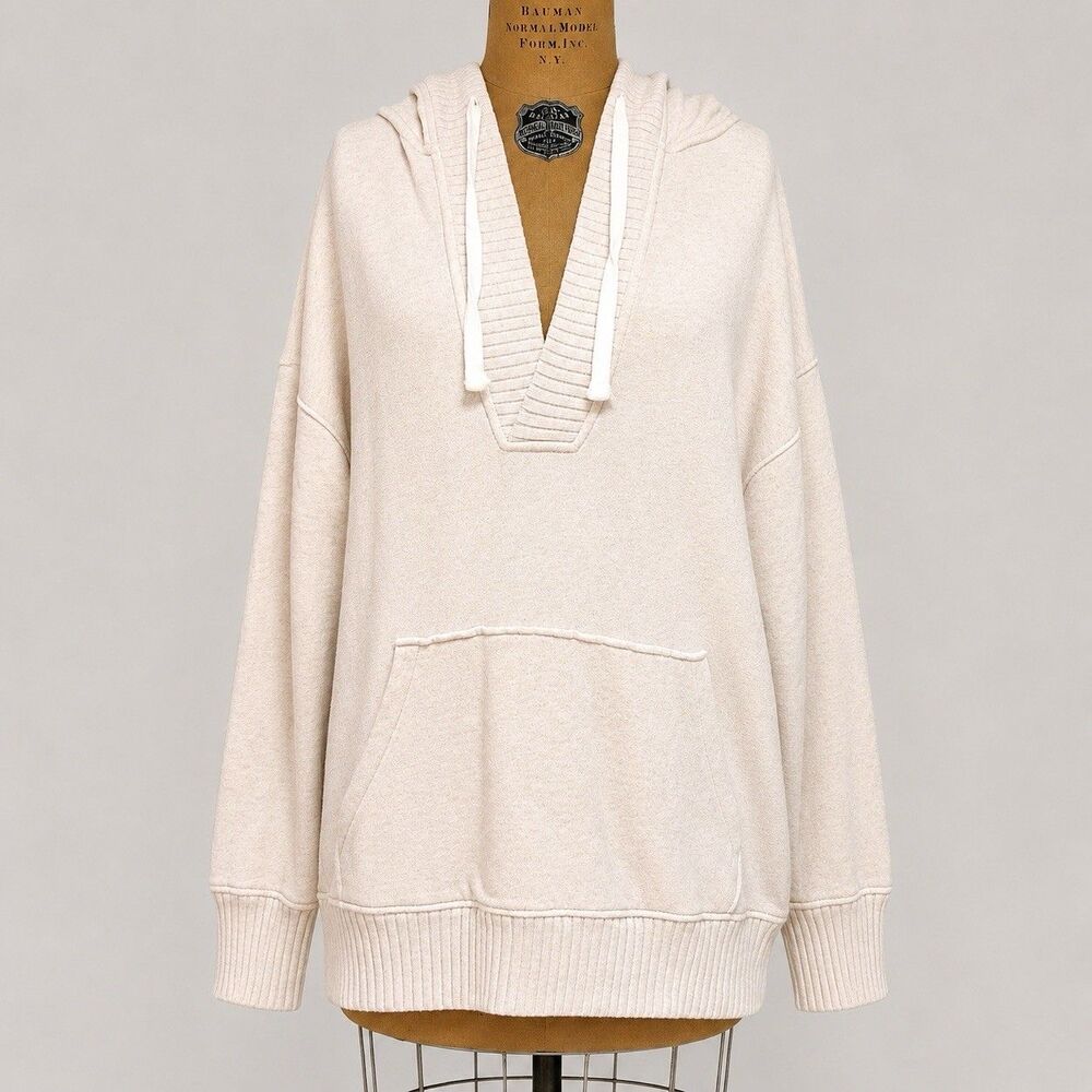 Aerie Hoodie Women S Cream Oversized Terry V-Neck Ribbed Sweatshirt Pocket